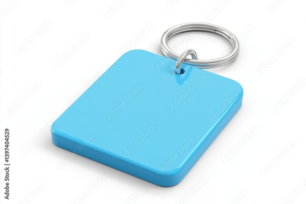 Fototapeta premium A light blue square keychain with a silver ring isolated on white background