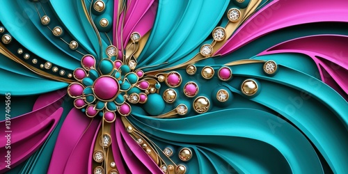 A vibrant abstract design featuring flowing shapes in turquoise and pink with decorative elements, creating a striking visual effect.