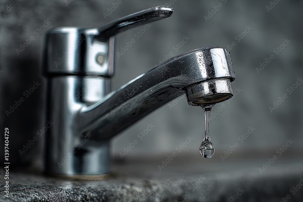 Water dripping from a chrome faucet, environmental conservation concept Water dripping from a chrome faucet, environmental conservation concept