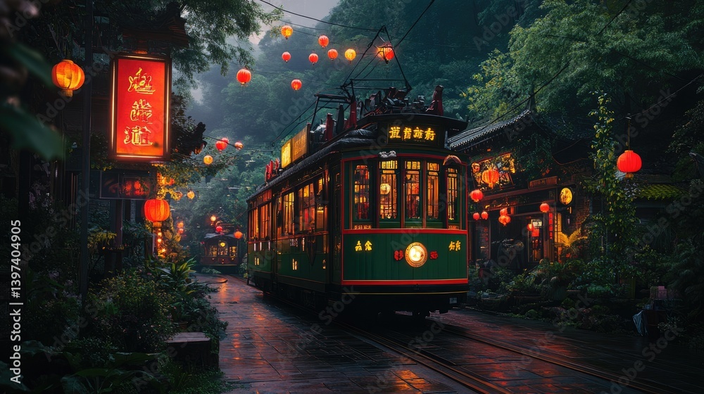 Obraz premium Vintage tram in a vibrant, misty mountain village at night. Illuminated lanterns and traditional architecture line the narrow street