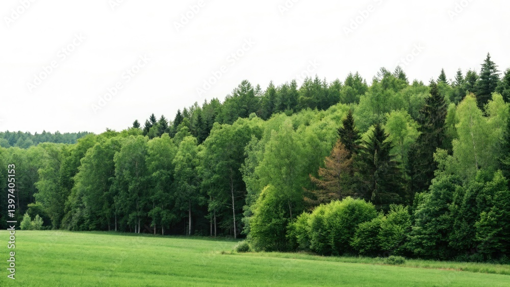 Lush green forest panorama: isolated deciduous and coniferous trees against a wide, vibrant horizon. Lush green forest panorama: isolated deciduous and coniferous trees against a wide, vibrant horizon.