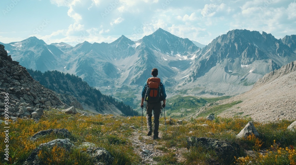 Hikers journey through majestic mountains Hikers journey through majestic mountains
