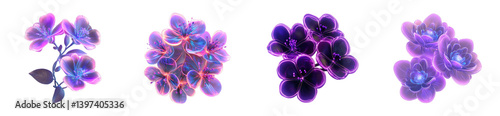 Vibrant neon floral designs with glowing petals, cut out - stock png