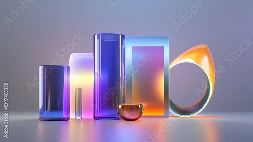 A collection of colorful, translucent glass objects arranged artistically, showcasing elegant shapes and vibrant light reflections.