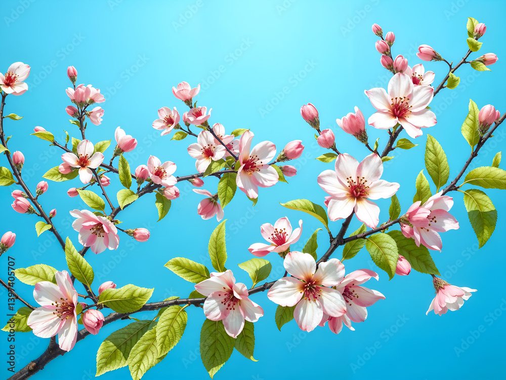 Pink cherry blossoms in full bloom against vibrant blue sky, representing spring and renewal. Generative AI