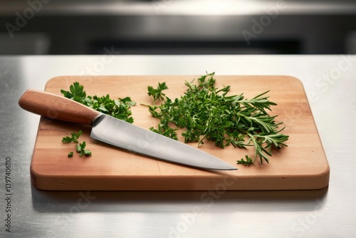 Fresh herbs arranged artfully on wooden cutting board, knife rea