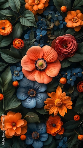Wallpaper Mural Vibrant Floral Tapestry Phone Wallpaper Orange Blue and Red Flowers with Green Leaves | Vertical HD Background Torontodigital.ca