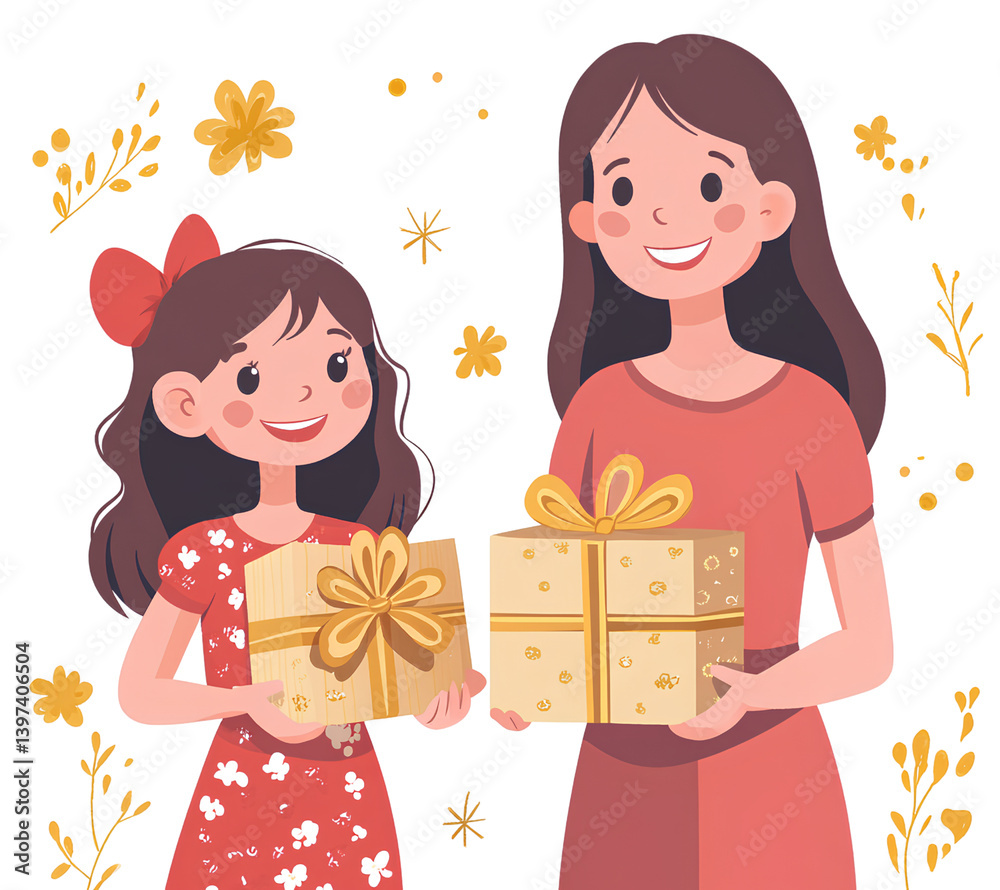 A cute mother and daughter holding gifts, in a clip art style with simple lines, a character illustration in a pink tone on a transparent background, A cute mother and daughter holding gifts, in a clip art style with simple lines, a character illustration in a pink tone on a transparent background,