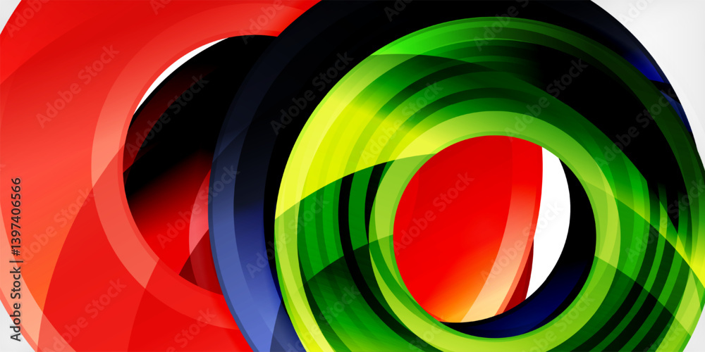 Abstract design features vibrant swirling shapes. Red, green, blue hues blend creating dynamic visual effect. Smooth gradients suggest movement, depth. Modern aesthetic. Abstract design features vibrant swirling shapes. Red, green, blue hues blend creating dynamic visual effect. Smooth gradients suggest movement, depth. Modern aesthetic.