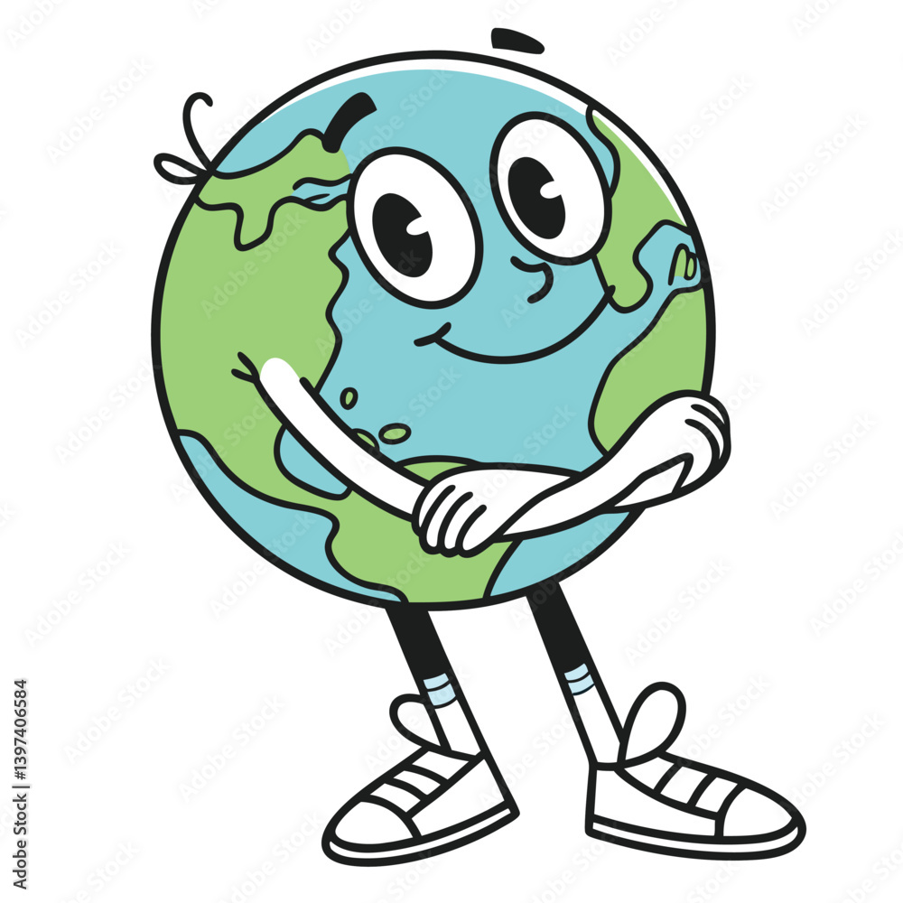 Naklejka premium Cartoon Style Earth Character with Arms Crossed, Shoes, Smiling, Line Art Design