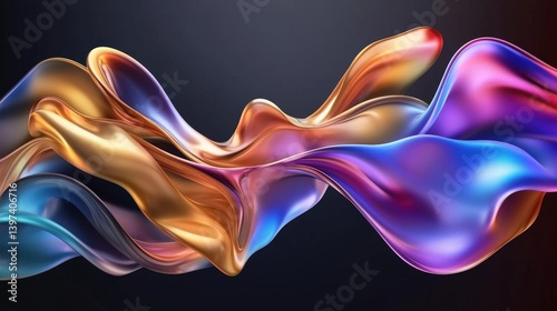 A vibrant, flowing abstract design featuring smooth curves in shades of blue, orange, and purple against a dark background.