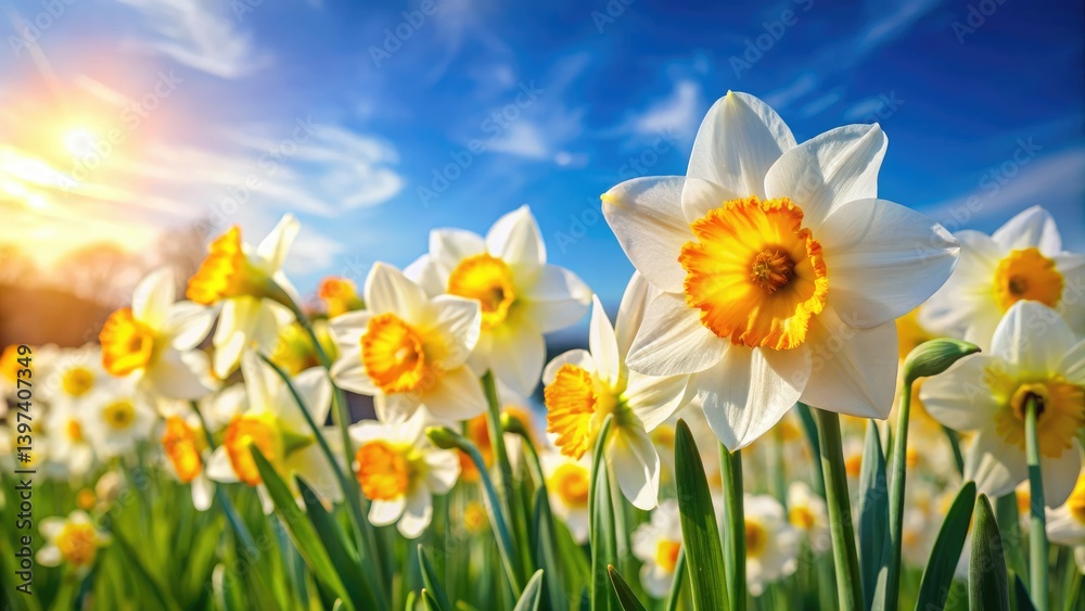 Fototapeta premium Nature's artistry: spring breeze whispers through blooming white and yellow daffodils. A floral wallpaper masterpiece.