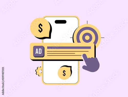 PPC advertising concept with smartphone, click-through ad, money symbol and target. Ideal for marketing visuals and digital campaigns. Ppc ads marketing vector illustration and icons