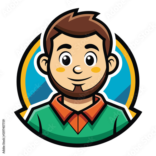 Cartoon Style Man, Brunette Hair, Fair Skin, Round Frame, Orange & Green Outfit
