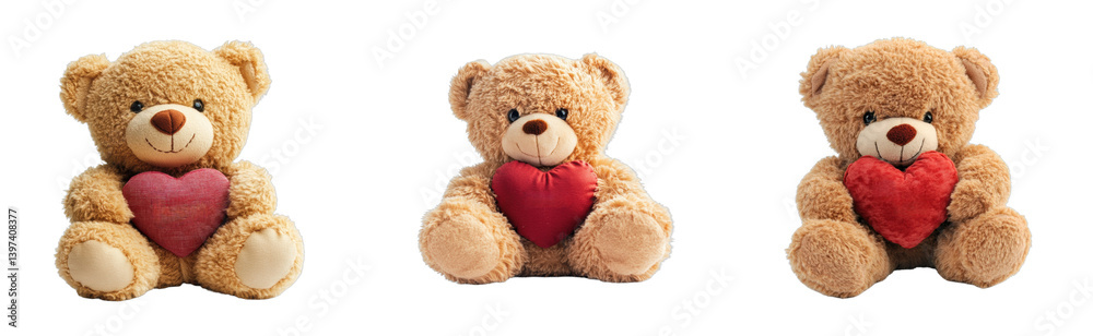 Fototapeta premium Three cute teddy bears holding red hearts in a line, cut out - stock png