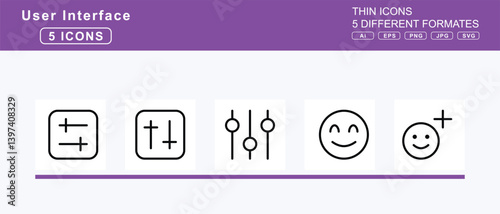 Set of 5 thin user interface icons,nfc, lock, magnifying, glass, pen, slash, trash