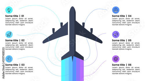 Infographic template. Airplane with icons and 6 steps