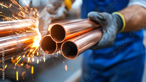 Closeup of copper pipes, showing the shiny reddish-brown surface.