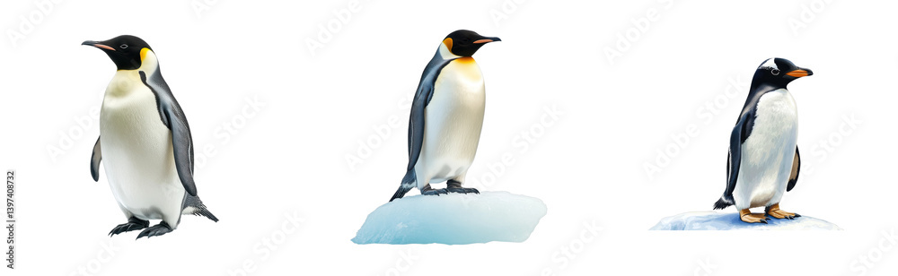 Obraz premium Three emperor penguins on icebergs in natural habitat, cut out - stock png