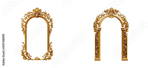 Ornate golden arch and oval frames with intricate floral designs, cut out - stock png