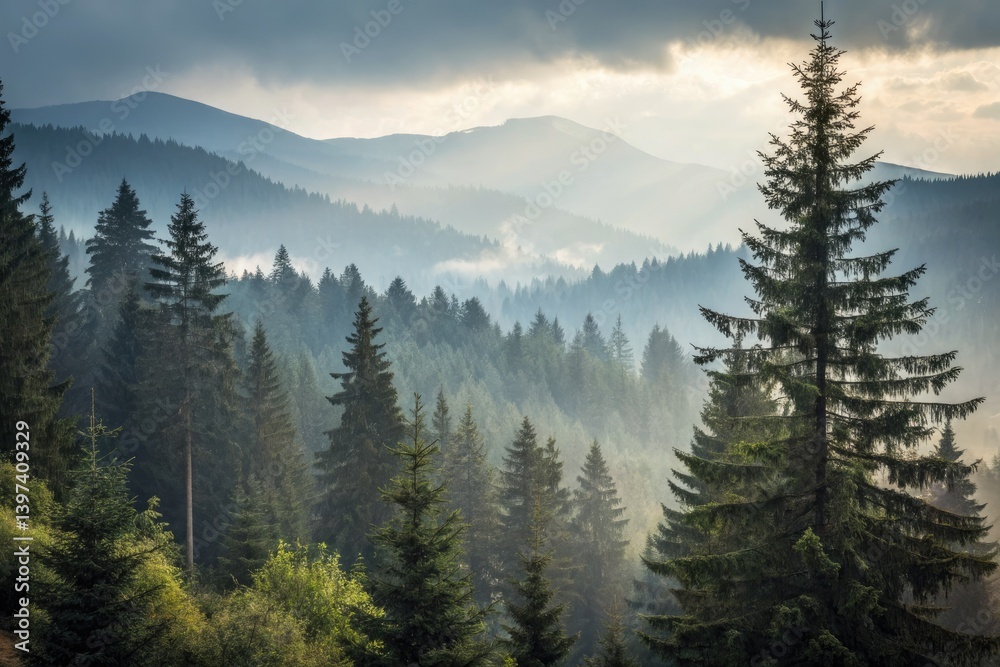Fototapeta premium Misty pines and deep woods create a winter wonderland in this stunning foggy mountain bokeh photography.
