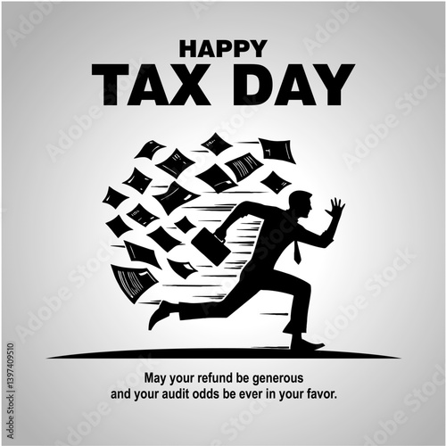 Happy Tax Day Rush Concept with Person Running and Flying Tax Documents

