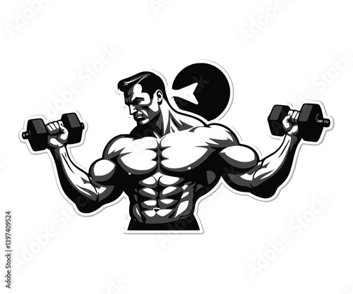 silhouette of a muscular bodybuilder working on his biceps with dumbbells - perfect for a vector icon, sticker, or decal.