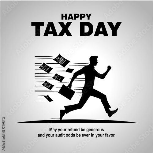 Happy Tax Day Rush Concept with Person Running and Flying Tax Documents

