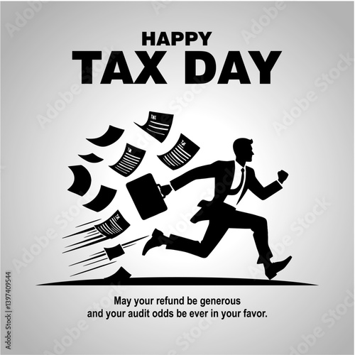 Happy Tax Day Rush Concept with Person Running and Flying Tax Documents

