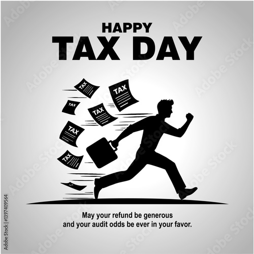 Happy Tax Day Rush Concept with Person Running and Flying Tax Documents

