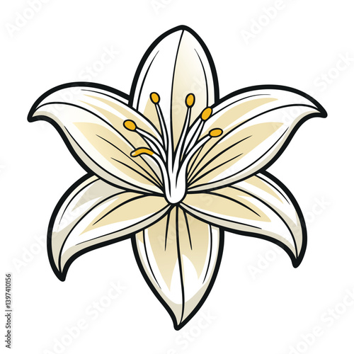 Cartoon Style White Lily Flower With Yellow Pollen and Black Outline Isolated