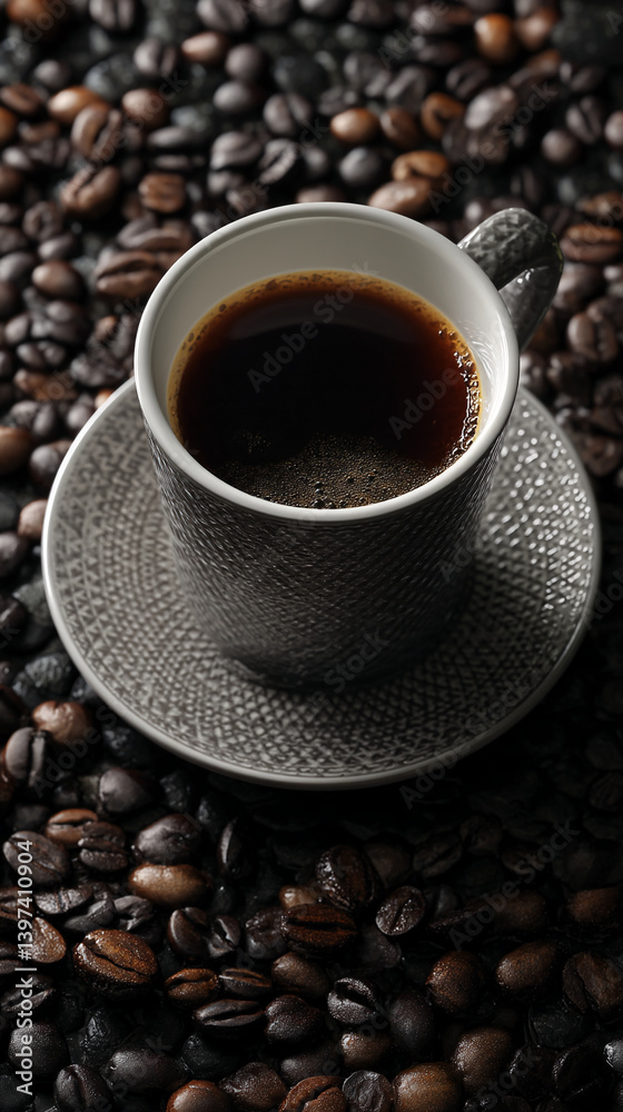 Fototapeta premium Grey ceramic coffee cup filled with dark coffee, rests on a saucer amidst numerous coffee beans, showcasing a rich, dark beverage concept