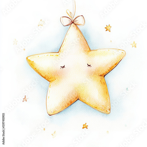 Watercolor yellow star with bow, cute celestial plush Christmas ornament, sleepy nursery decor element, dreamy festive baby room illustration