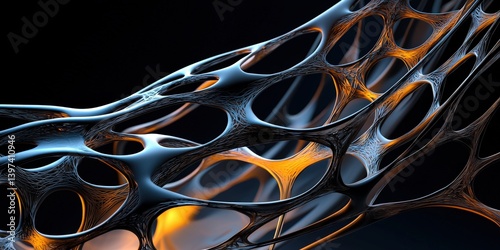 A dynamic, abstract structure featuring intricate patterns and glowing elements, showcasing a blend of organic and technological aesthetics.