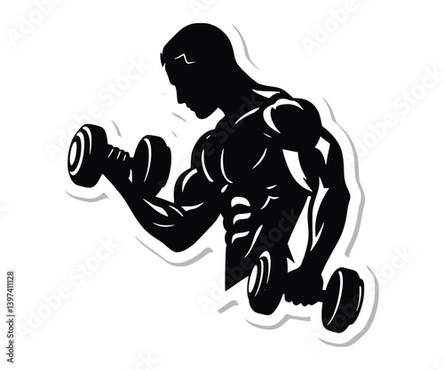 silhouette of a muscular bodybuilder working on his biceps with dumbbells - perfect for a vector icon, sticker, or decal.