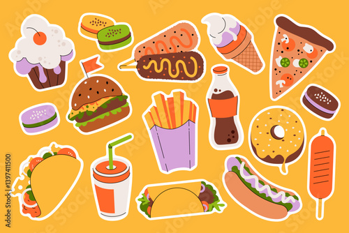 Fastfood stickers. Cartoon junk food snack labels, unhealthy meal with french fries pizza burger sandwich hot dog ice cream food, restaurant menu elements. Vector isolated set