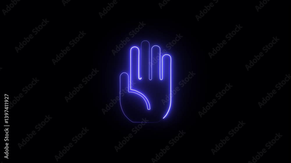 Human hand icon neon glowing animation with black background. Glowing neon five finger hand icon .4k video