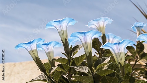 Close up view of blue and white datura flowers blooming under a bright sunny sky outdoors