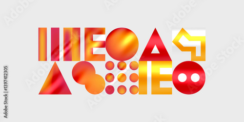 Colorful abstract typography spells MEGA and EO. Shapescircles, triangles, squaresintermix with letters. Design features vibrant reds, oranges, blues against light gray background.