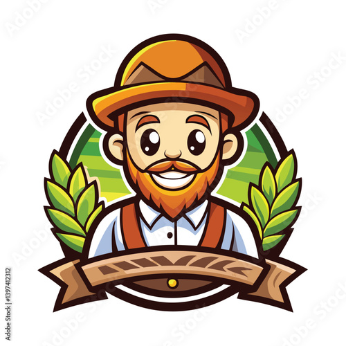 Cheerful Cartoon Farmer Mascot with Wheat Laurel in Earthy Brown and Green Tones