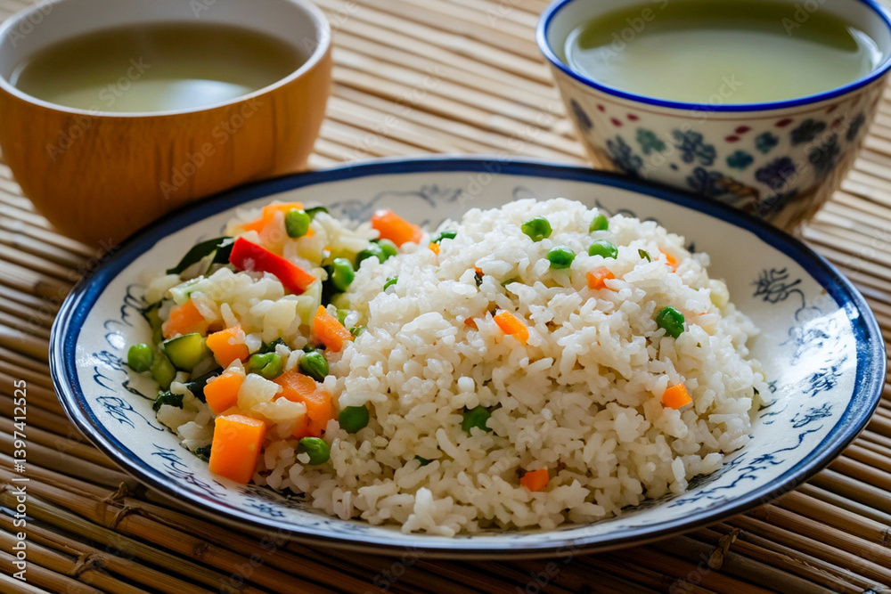 Asian breakfast: plate of rice with vegetables, bowl of miso soup and cup of green tea on bamboo table Asian breakfast: plate of rice with vegetables, bowl of miso soup and cup of green tea on bamboo table
