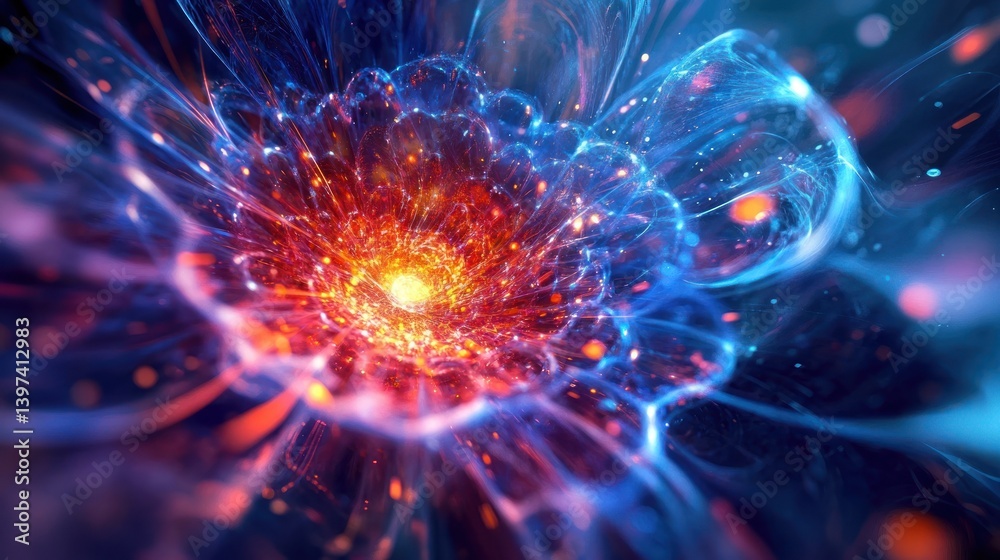 Fototapeta premium Cosmic Bloom: A vibrant fractal artwork depicting a fiery nebula explosion in a deep space setting.