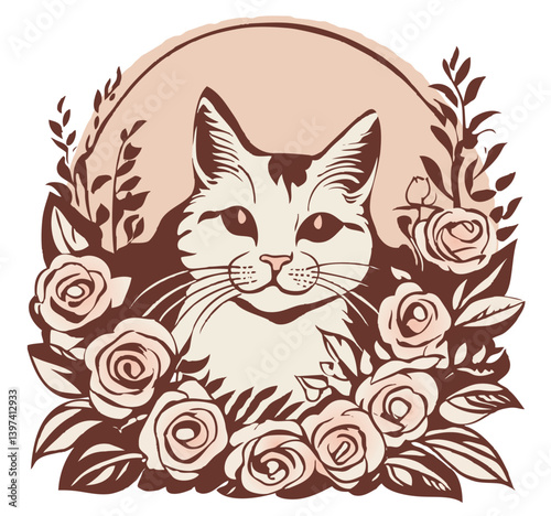 猫と花のビンテージイラスト1