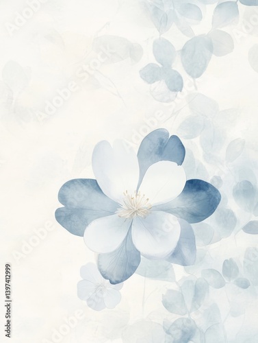 Soft Blue Watercolor Flower with Subtle Leaves
