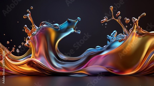 A vibrant, abstract representation of flowing liquid, featuring colorful waves and splashes against a dark background.