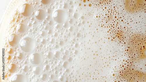 Close-up of frothy bubbles on a creamy beverage surface creates an artistic abstract texture.