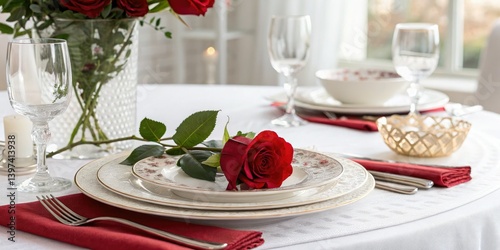 Romantic Valentine's feast: roses, elegant white, luxurious dinner for two, festive decor.
