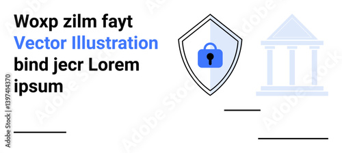 Shield with central padlock symbol beside courthouse illustration, emphasizing protection, security, and institutions. Ideal for cybersecurity, law, privacy, justice, compliance governance flat