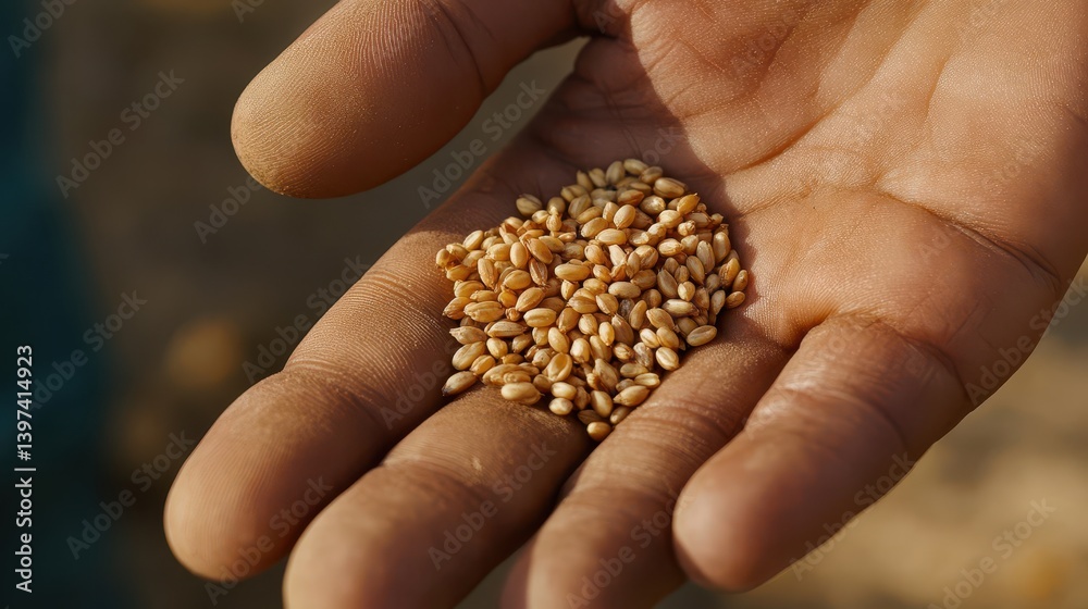 A hand cupping grains of seeds with natural light
