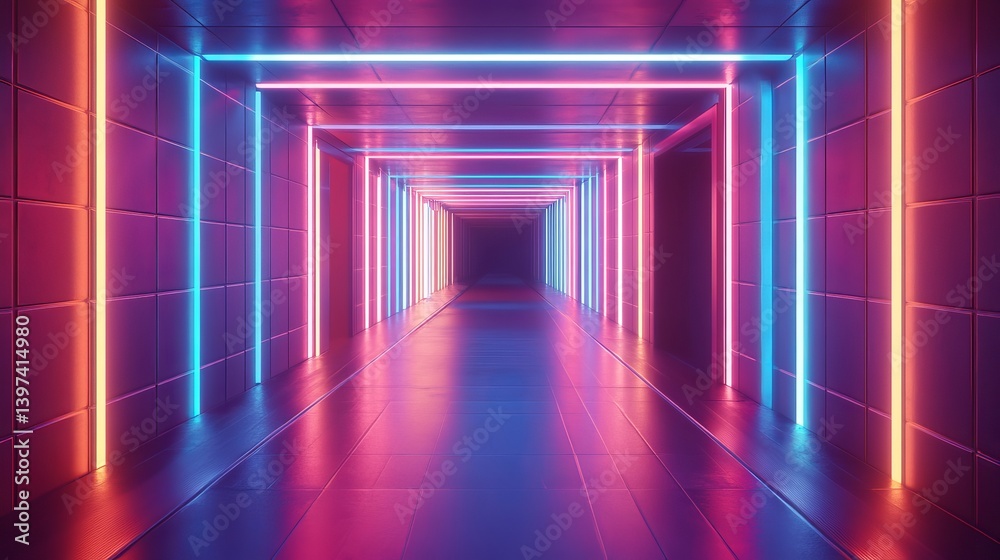 A perspective view of a long corridor with neon lights and tiled walls creating a tunnel effect A perspective view of a long corridor with neon lights and tiled walls creating a tunnel effect